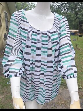 Sara Michelle Teal, Black and White Striped Scoop-Neck Blouse